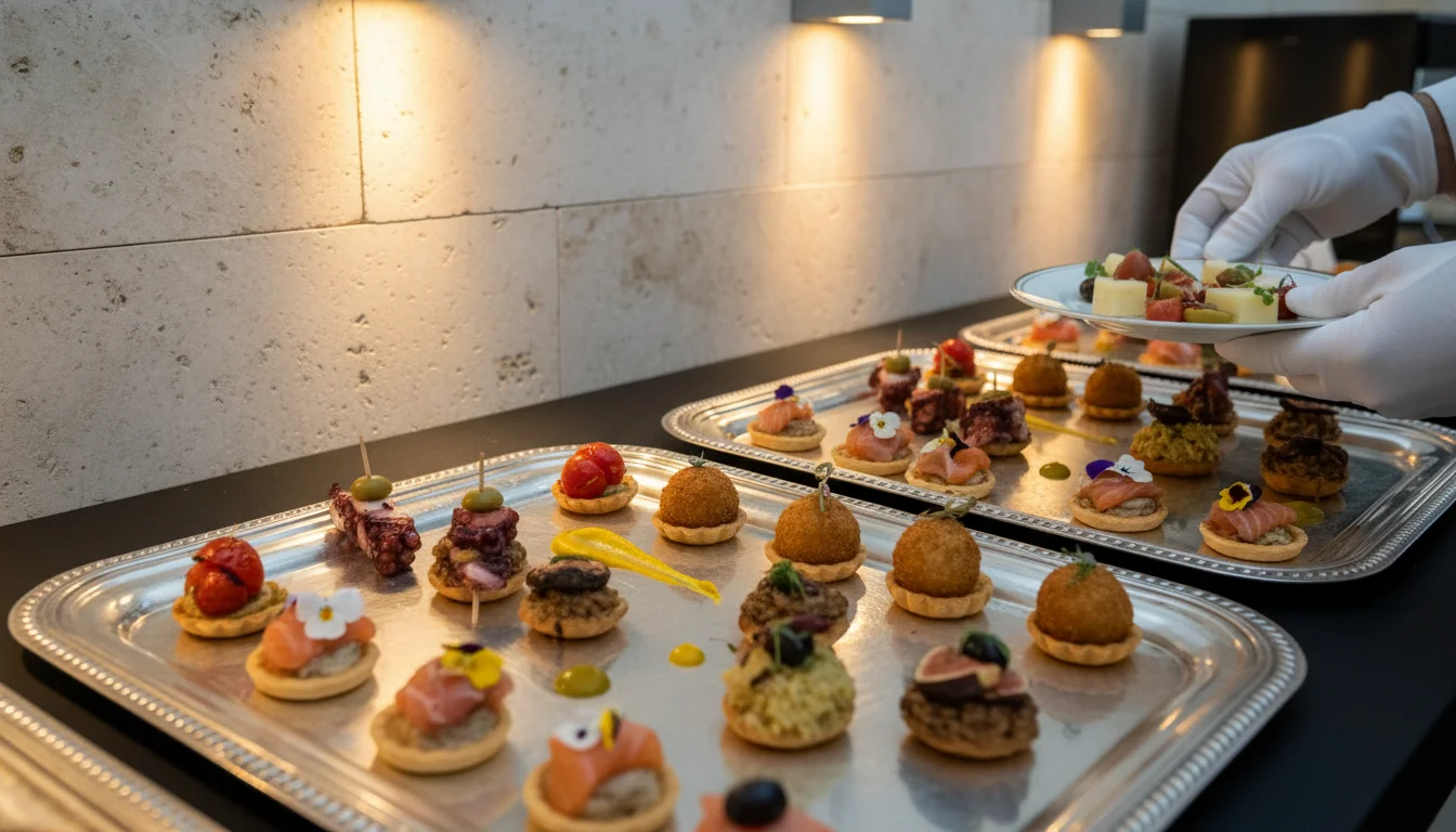 Estación de canapés premium con manos enguantadas sirviendo en evento corporativo en Málaga