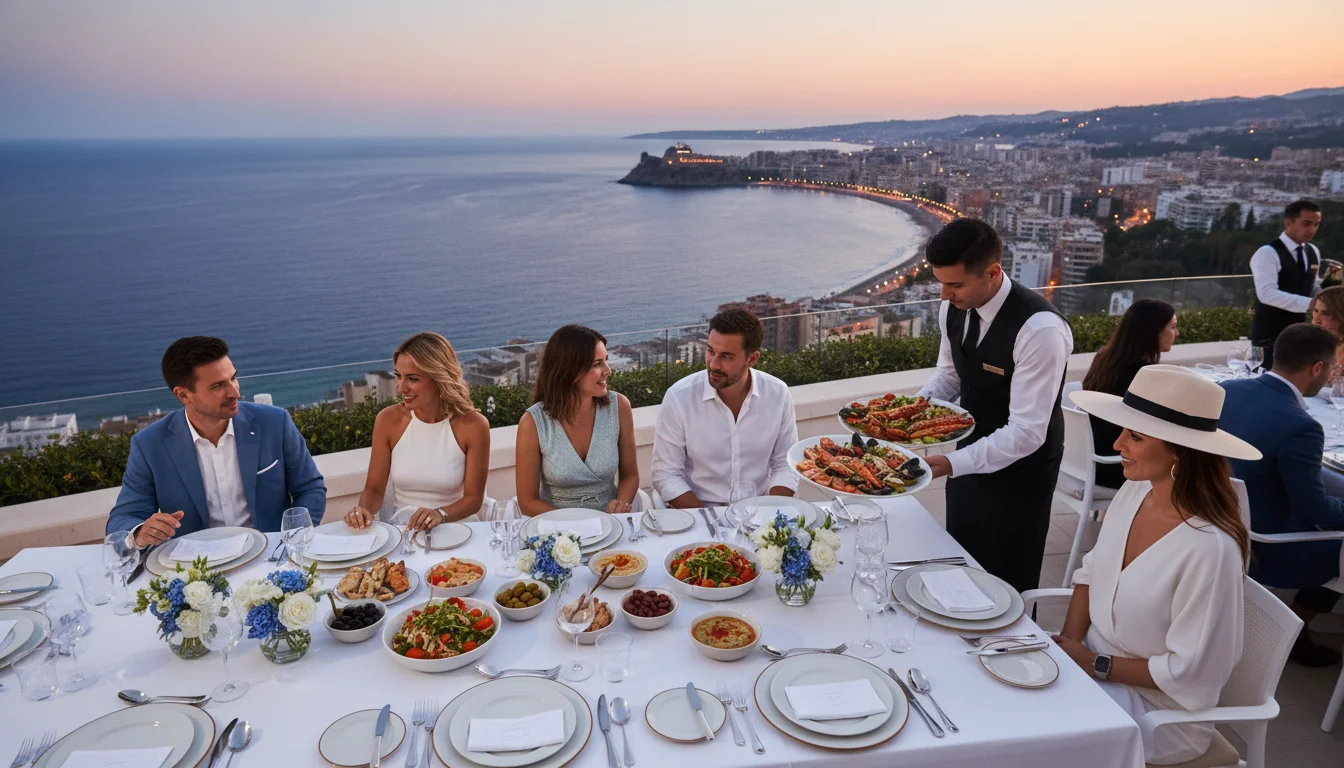 Cena de catering premium al atardecer en Málaga con vista al Mediterráneo