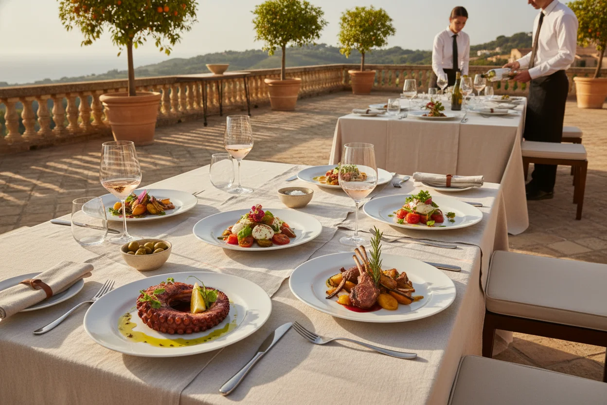 Platos de temporada servidos en terraza mediterránea al atardecer, catering premium en Málaga