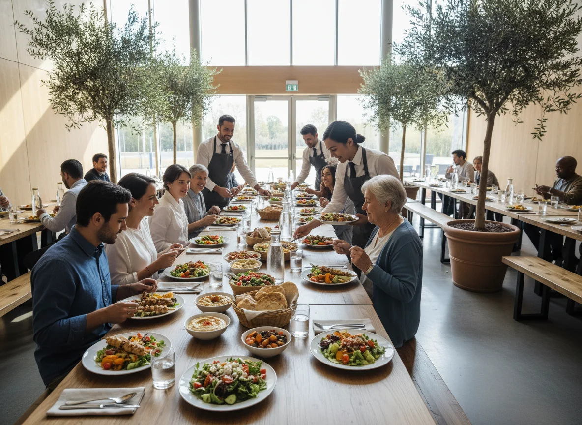 Servicio diario de catering para grupo en espacio moderno con comida mediterránea saludable