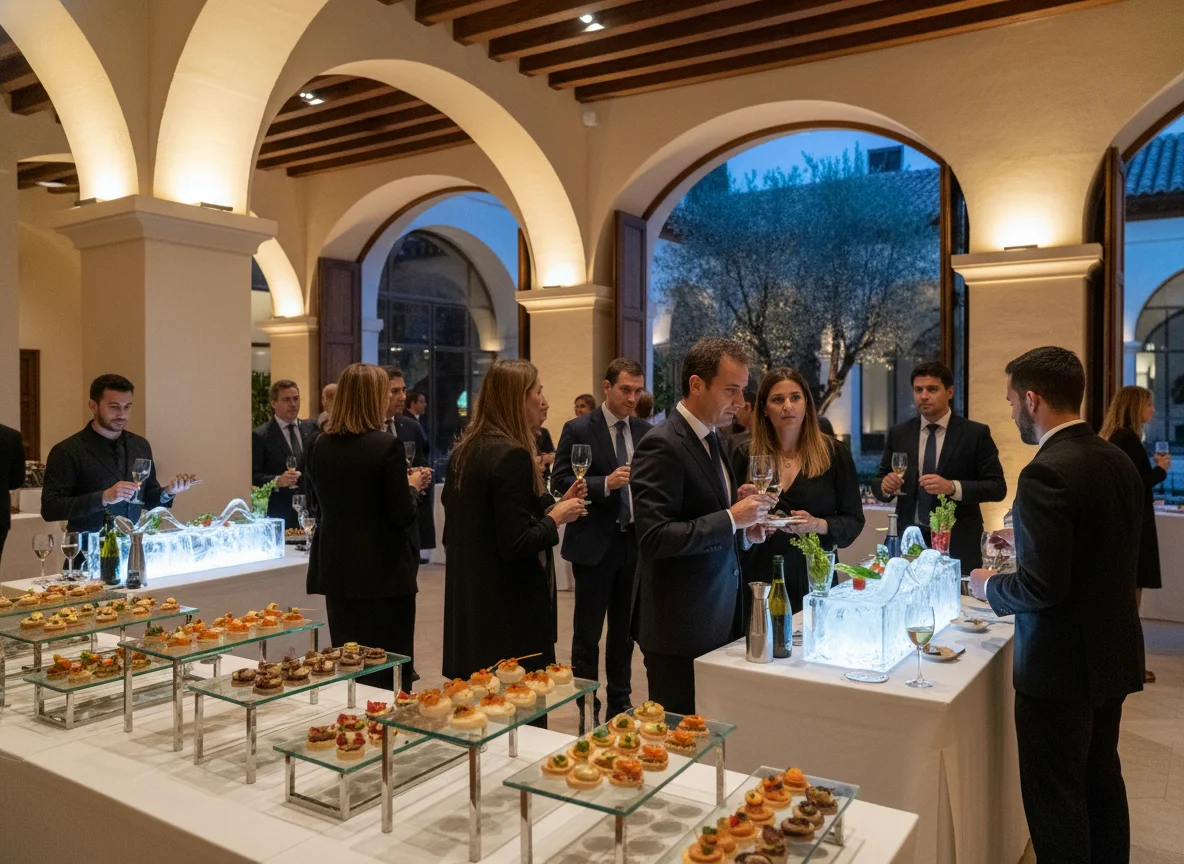 Cóctel corporativo en patio andaluz con buffet elegante y profesionales en networking