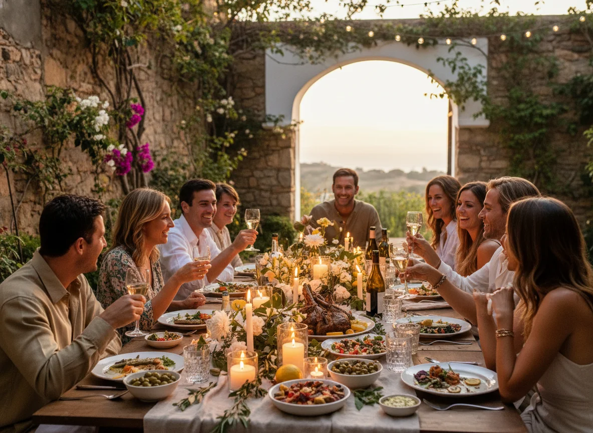 Cena privada íntima al aire libre en jardín andaluz con velas y platos mediterráneos