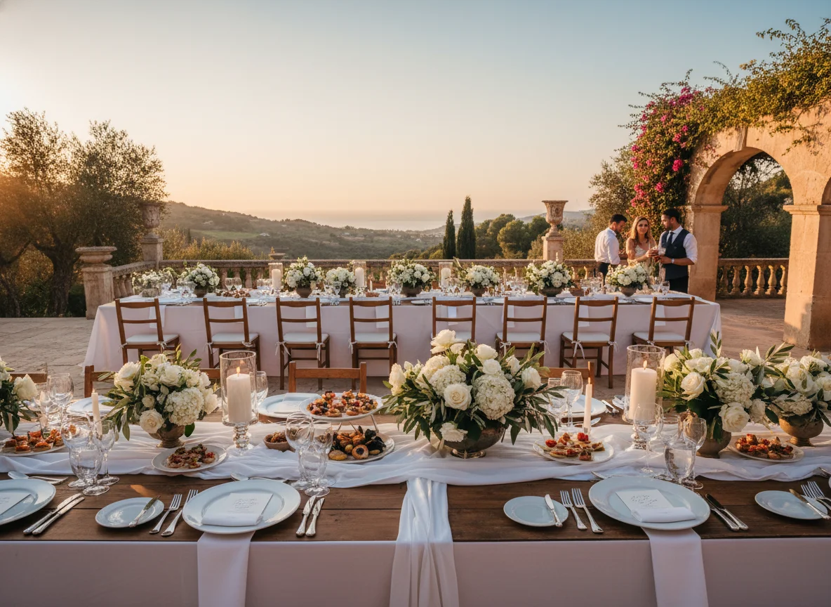 Mesa de boda en finca mediterránea al atardecer con flores blancas y luz dorada