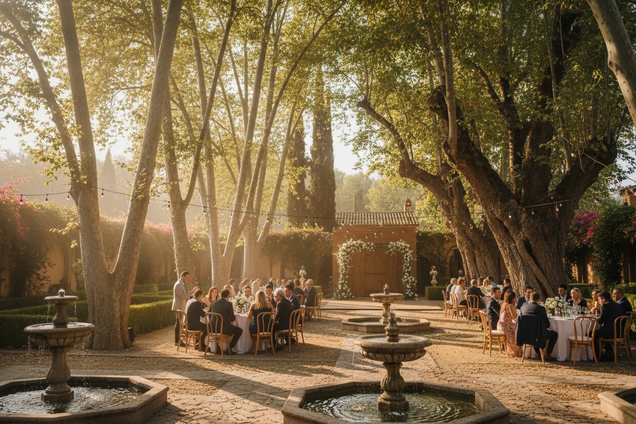Jardines los Álamos con arboleda centenaria y fuente central en evento de boda