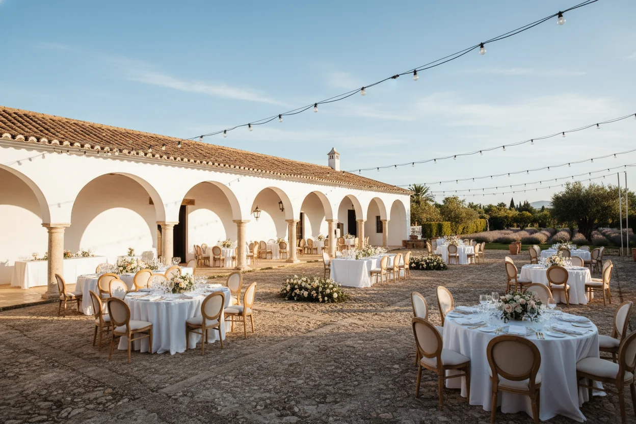 Patio de eras de Finca Carambuco con mesas de banquete y arcos blancos