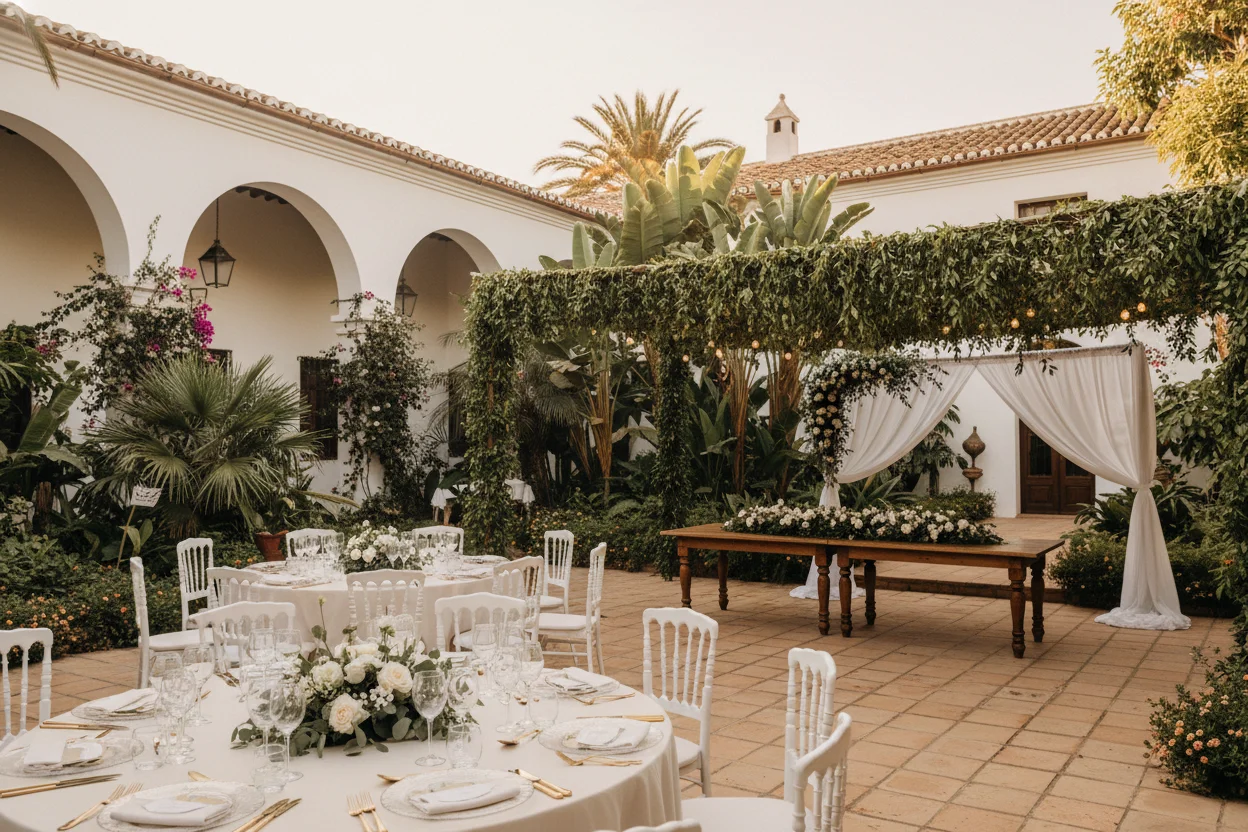 Patio del cortijo La Casilla de Maera con mesas de boda y jardín botánico