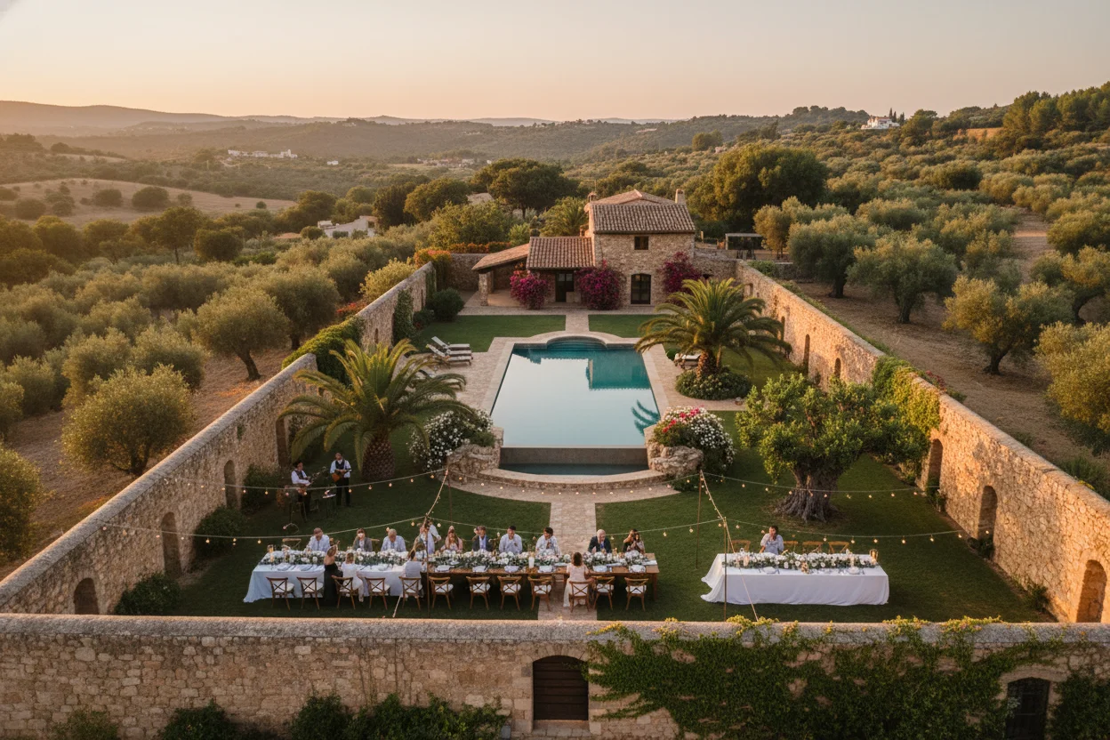 Finca el Fort Inglés en Mijas con piscina, jardín y banquete de bodas al atardecer