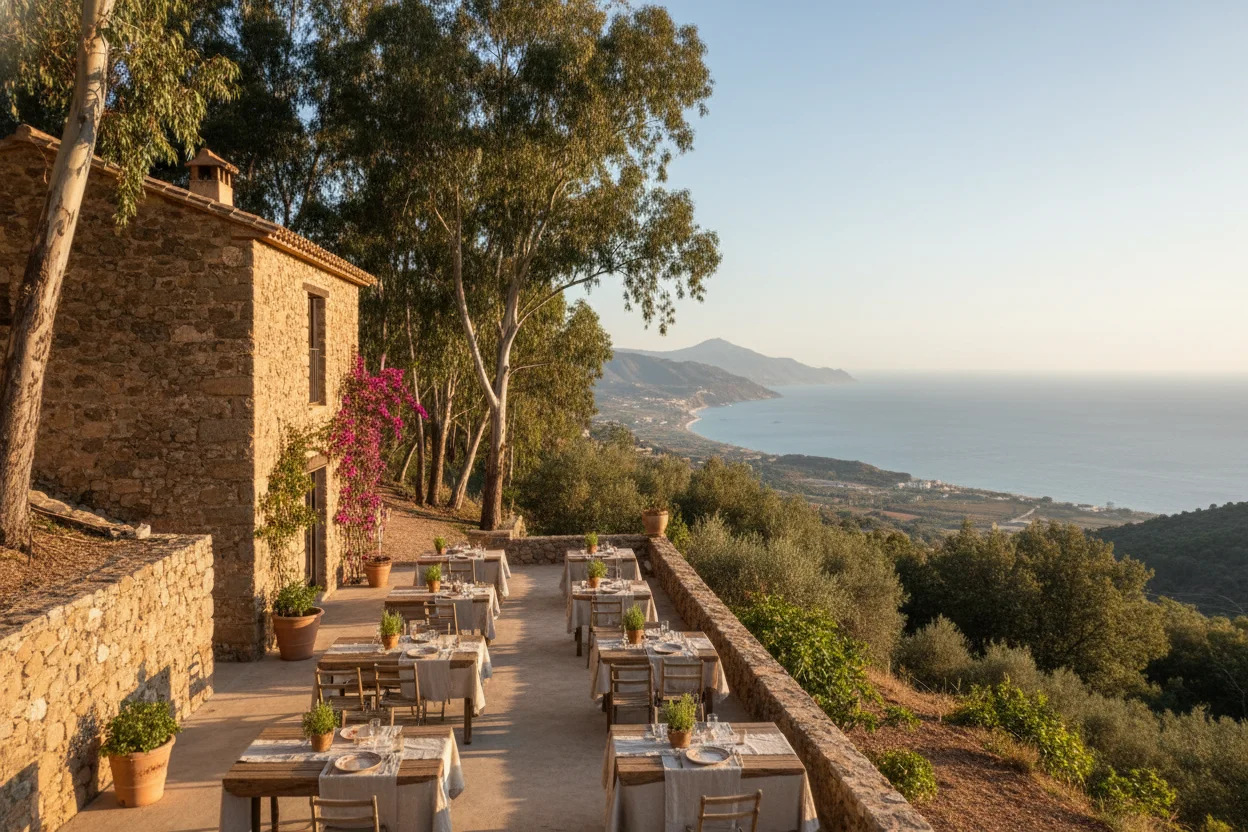 Terraza del Cortijo Juan Salvador con vistas al mar Mediterráneo