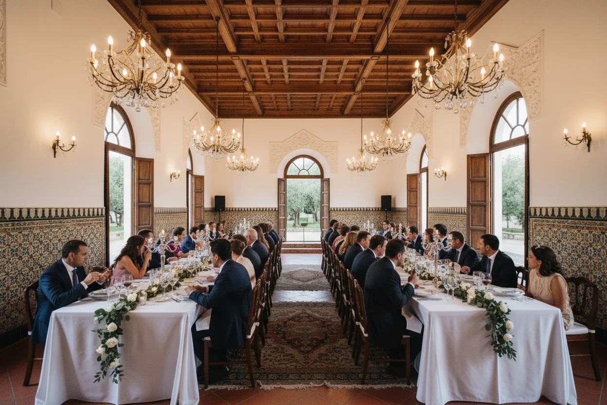 Salón El Señorío de El Romeral de Antequera con lámparas de araña y banquete de boda