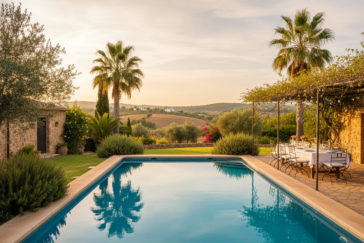 Piscina y jardín de Finca Santa Marta con vistas al campo malagueño