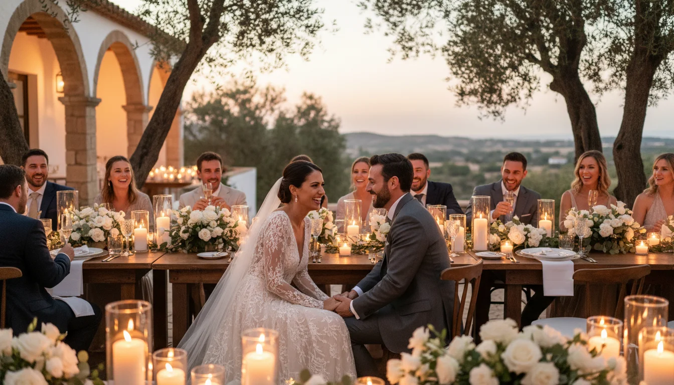 Boda íntima en finca mediterránea al atardecer, pareja y comensales con catering premium