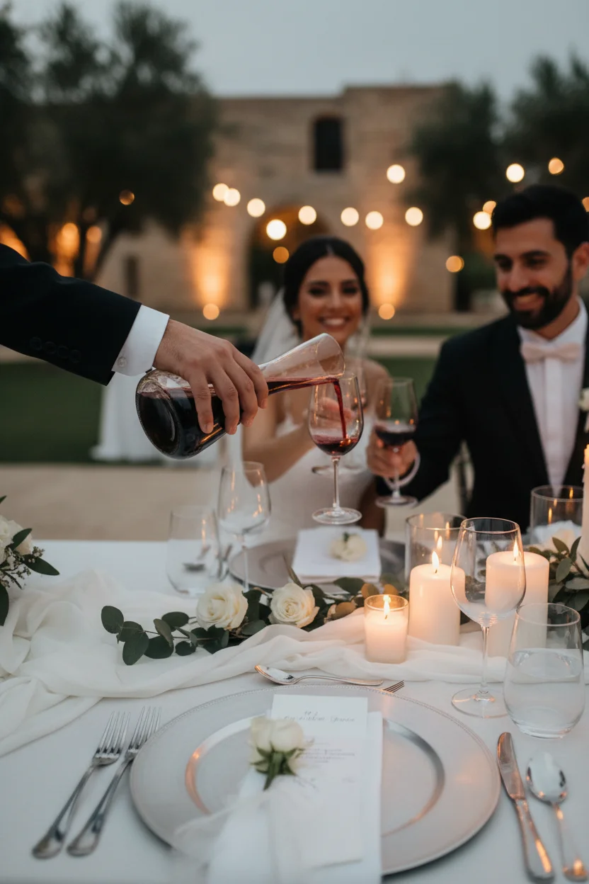 Servicio de vino en mesa nupcial con velas y flores blancas, momento íntimo de boda