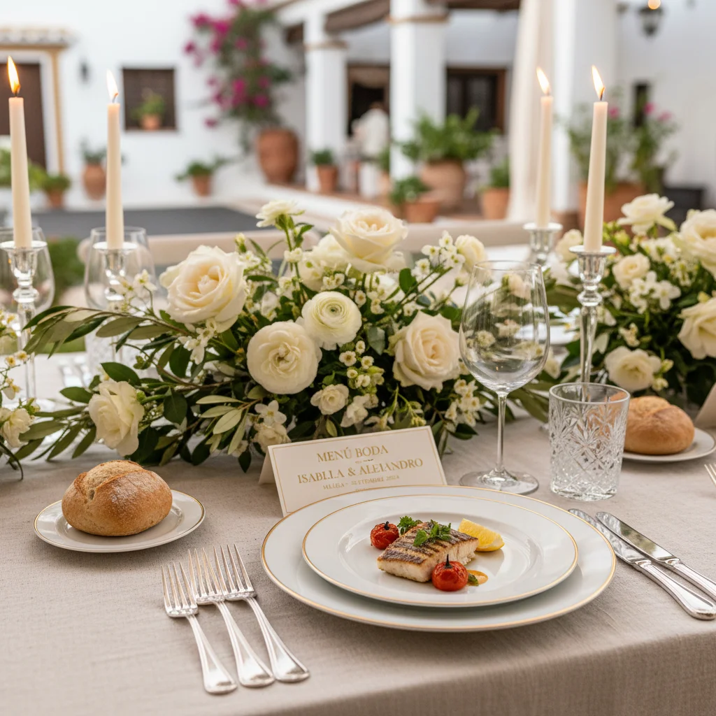 Detalle de mesa nupcial con flores blancas, lino y vajilla fina en Málaga