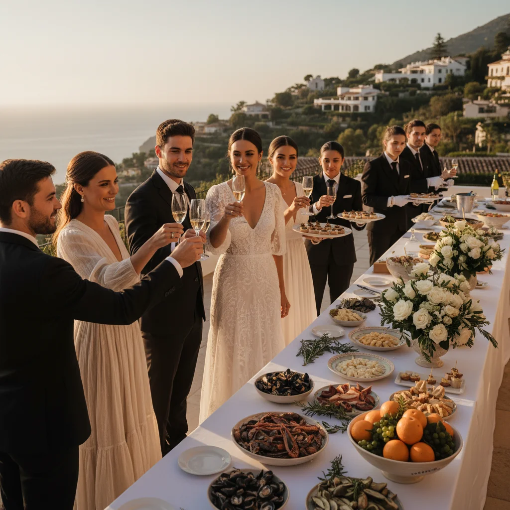 Brindis de novios e invitados en boda mediterránea con vista al mar